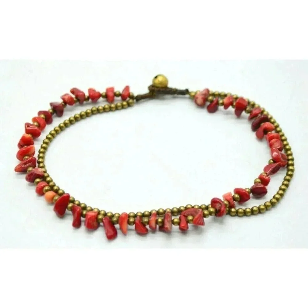 Child's Red Coral Brass Bead Beaded Choker Necklac